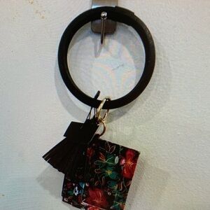 Pink and Black Floral Key & Card Holder with Bangle